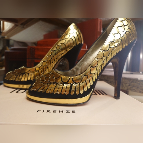 Showstopping Gold Black Suede ROBERTO CAVALLI Peeptoe Metallic Stiletto Pump 39 - Picture 4 of 10